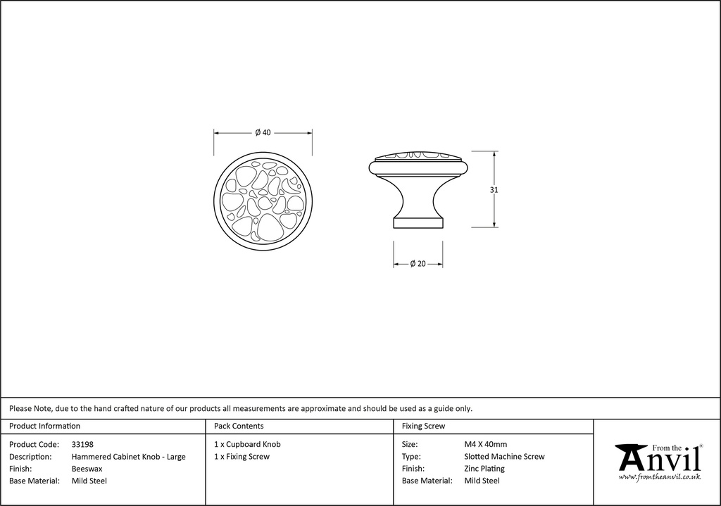 Beeswax Hammered Cabinet Knob - Large - 33198 - Technical Drawing