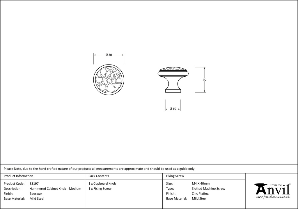 Beeswax Hammered Cabinet Knob - Medium - 33197 - Technical Drawing