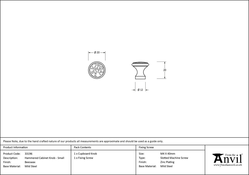 Beeswax Hammered Cabinet Knob - Small - 33196 - Technical Drawing