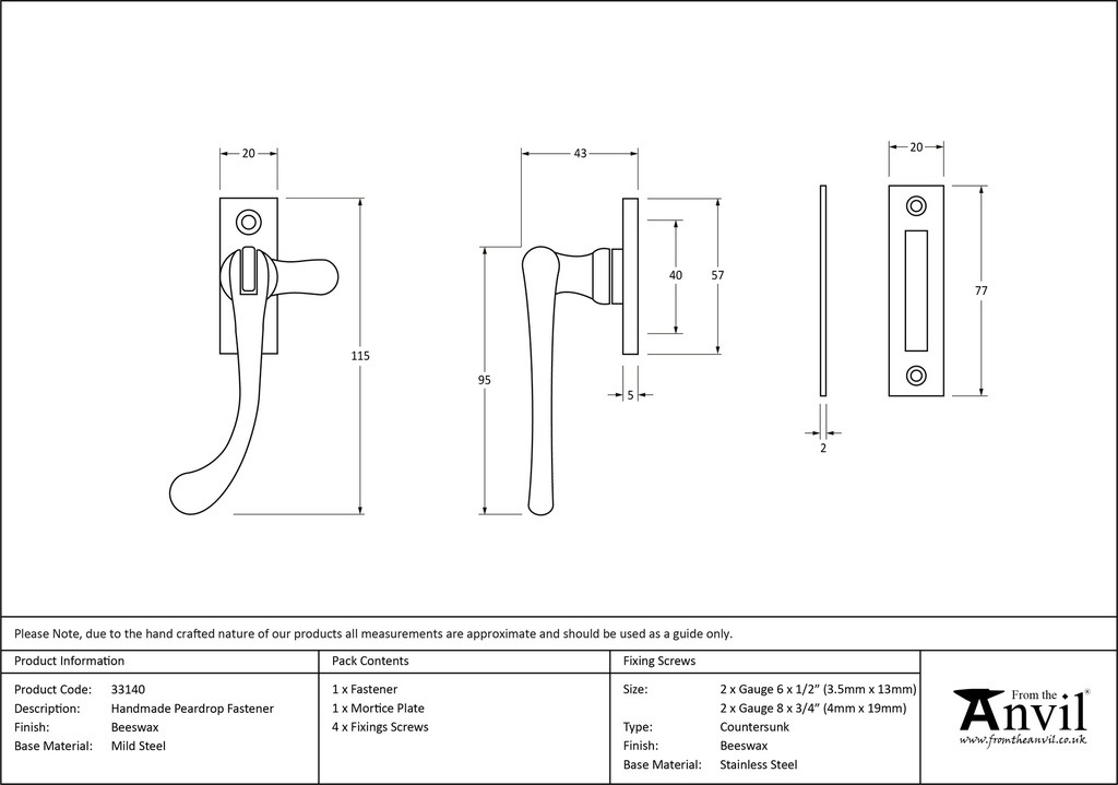 Beeswax Handmade Peardrop Fastener - 33140 - Technical Drawing