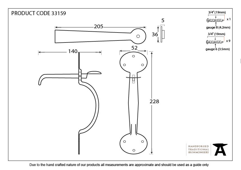 Beeswax Heavy Bean Thumblatch - 33159 - Technical Drawing