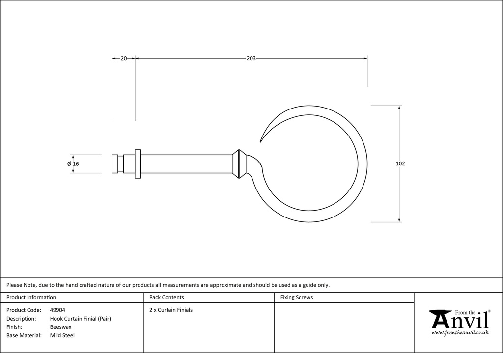 Beeswax Hook Curtain Finial (pair) - 49904 - Technical Drawing