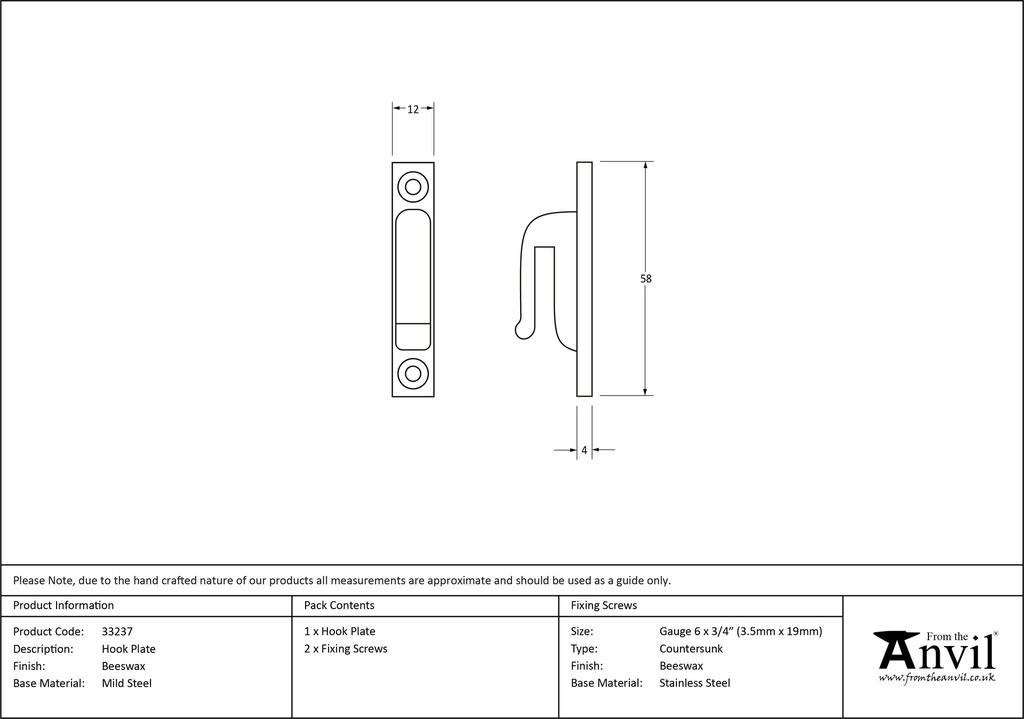 Beeswax Hook Plate - 33237 - Technical Drawing