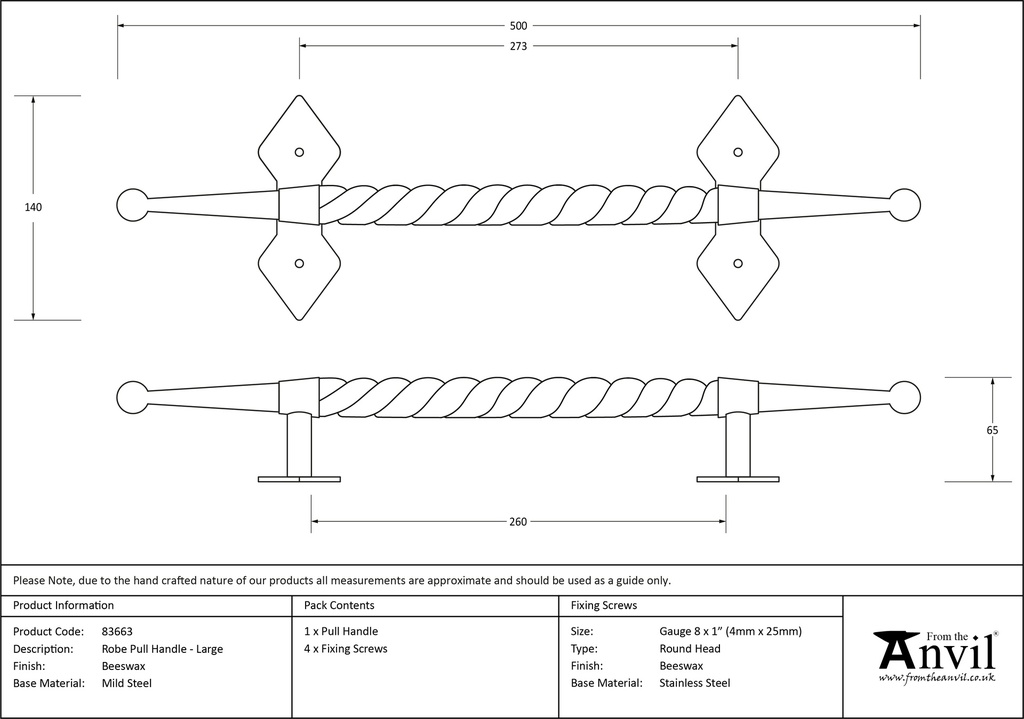 Beeswax Large Robe Pull Handle - 83663 - Technical Drawing