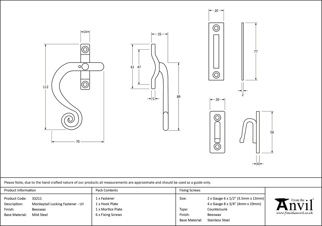 Beeswax Locking Monkeytail Fastener - LH - 33211 - Technical Drawing