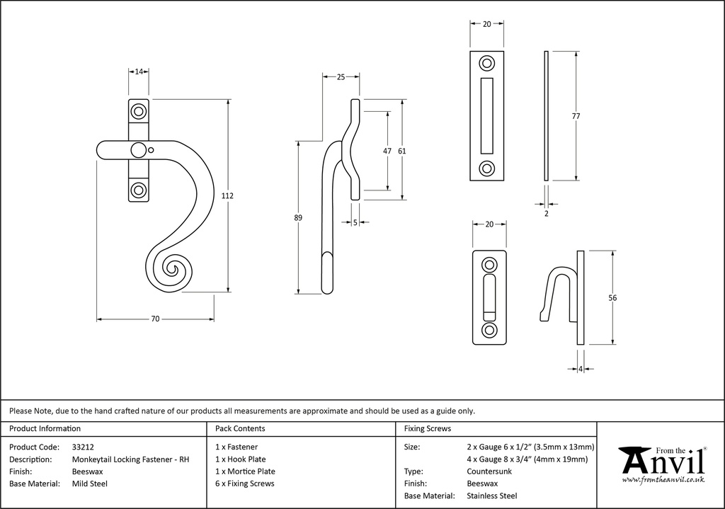 Beeswax Locking Monkeytail Fastener - RH - 33212 - Technical Drawing