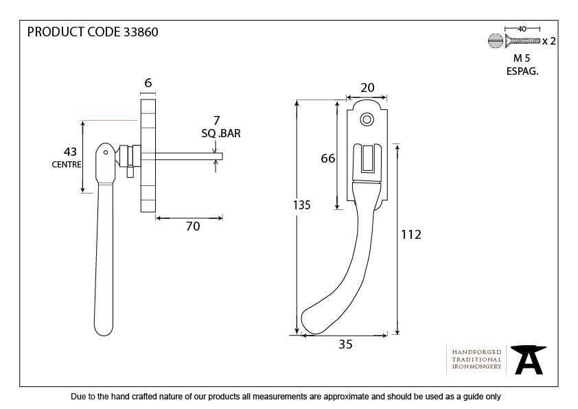 Beeswax Locking Peardrop Espag - LH - 33860 - Technical Drawing