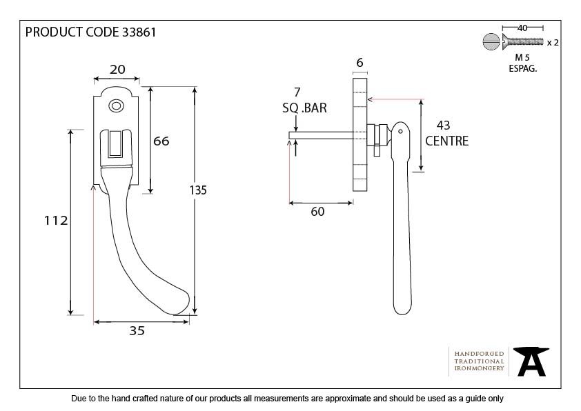 Beeswax Locking Peardrop Espag - RH - 33861 - Technical Drawing