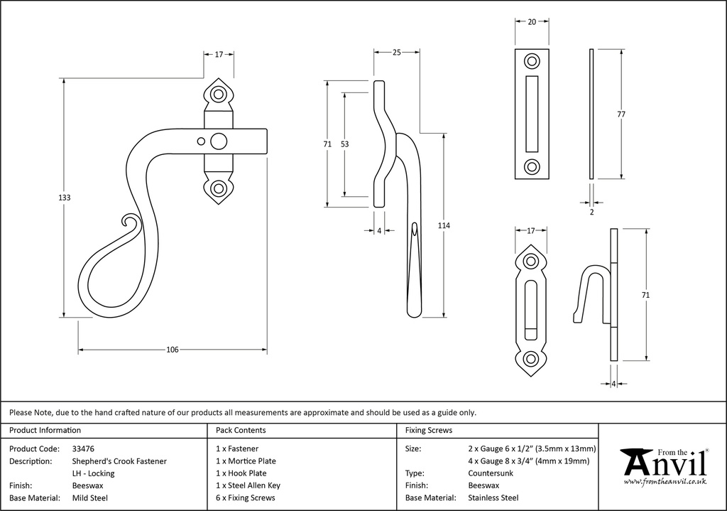 Beeswax Locking Shepherd's Crook Fastener - LH - 33476 - Technical Drawing