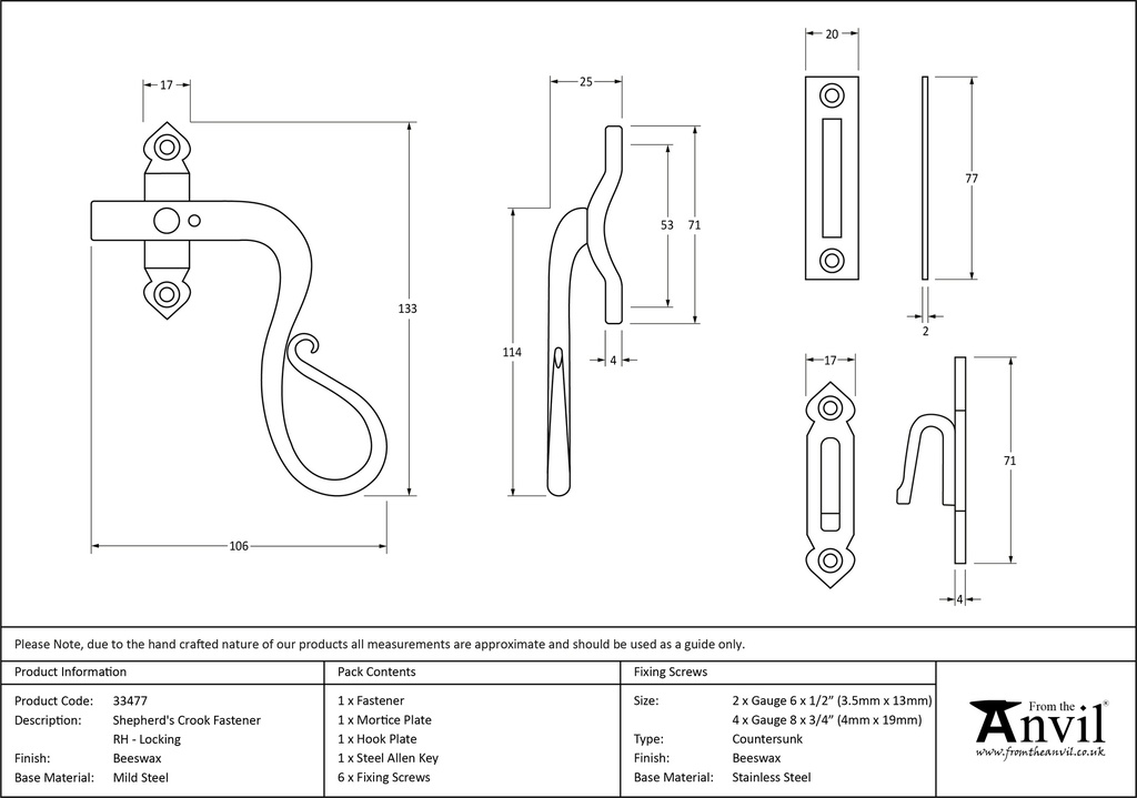 Beeswax Locking Shepherd's Crook Fastener - RH - 33477 - Technical Drawing