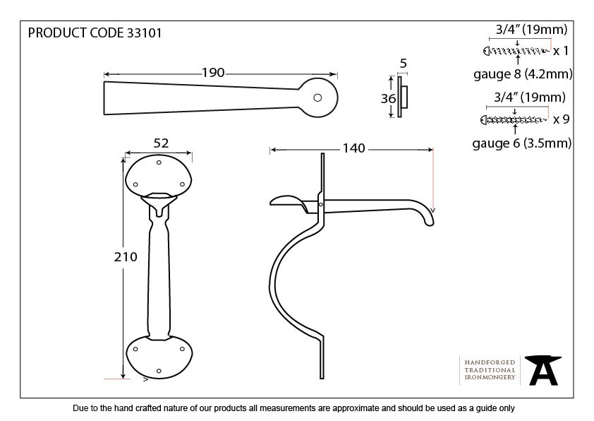 Beeswax Medium Bean Thumblatch - 33101 - Technical Drawing