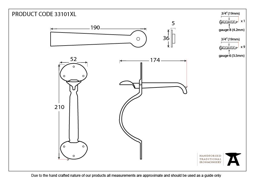 Beeswax Medium Bean Thumblatch - XL - 33101XL - Technical Drawing