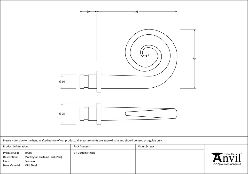 Beeswax Monkeytail Curtain Finial (pair) - 49906 - Technical Drawing