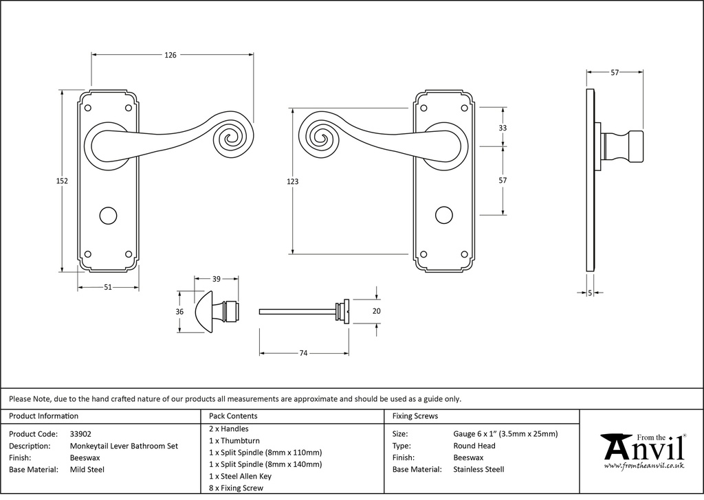 Beeswax Monkeytail Lever Bathroom Set - 33902 - Technical Drawing