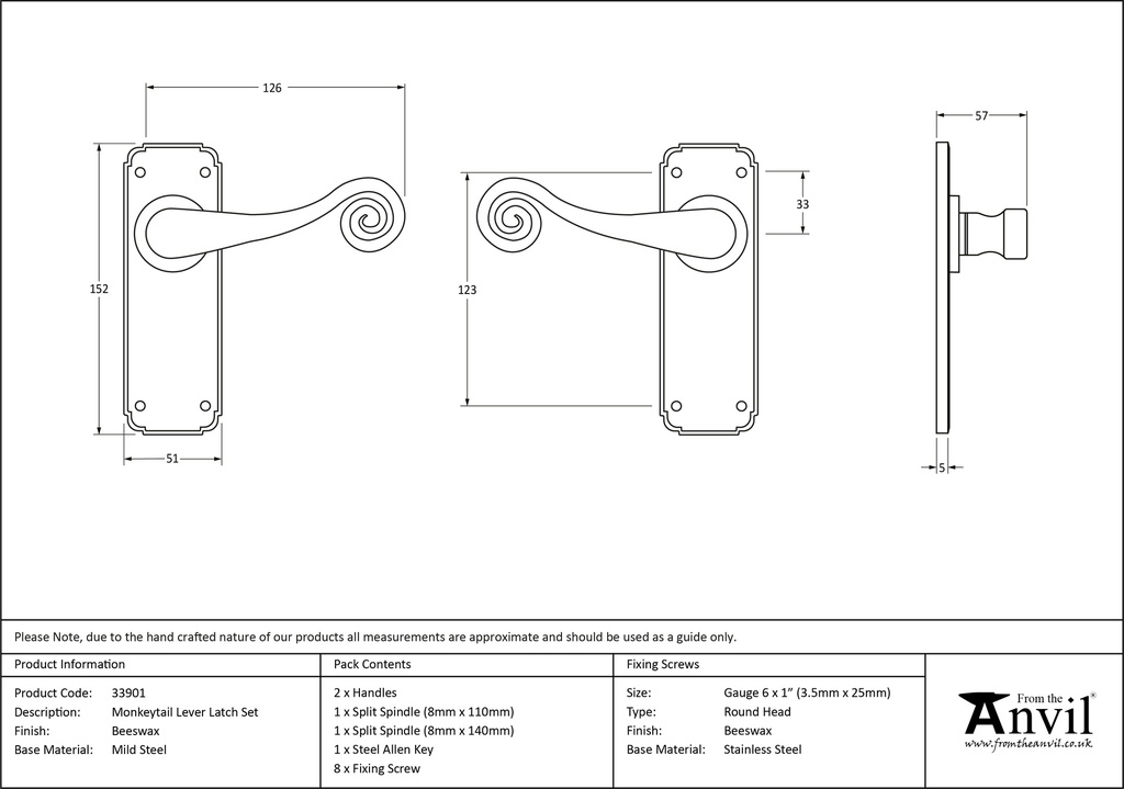 Beeswax Monkeytail Lever Latch Set - 33901 - Technical Drawing