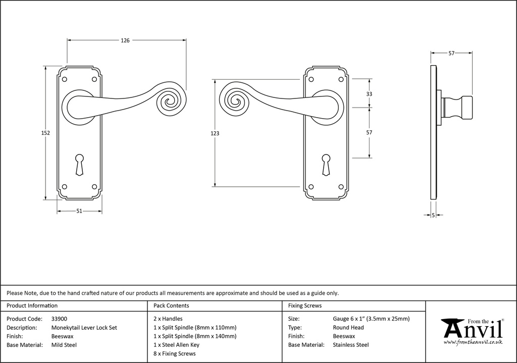 Beeswax Monkeytail Lever Lock Set - 33900 - Technical Drawing