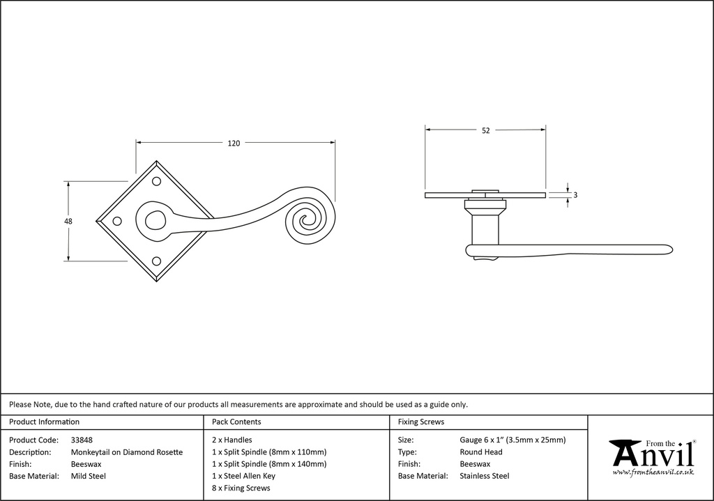 Beeswax Monkeytail Lever on Rose (Diamond) - 33848 - Technical Drawing