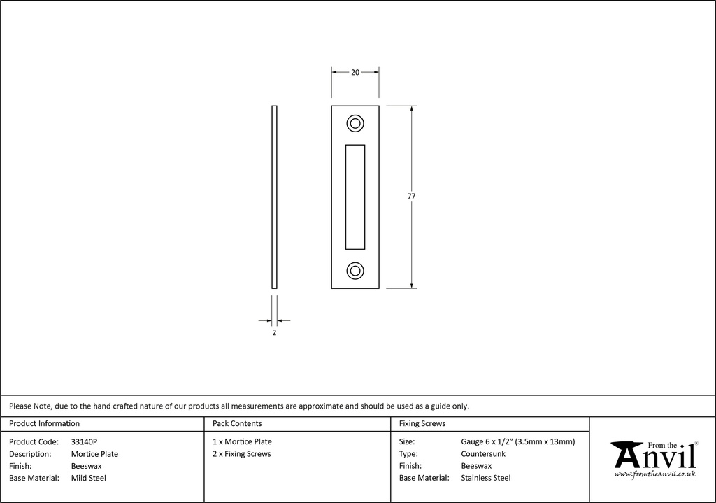 Beeswax Mortice Plate - 33140P - Technical Drawing