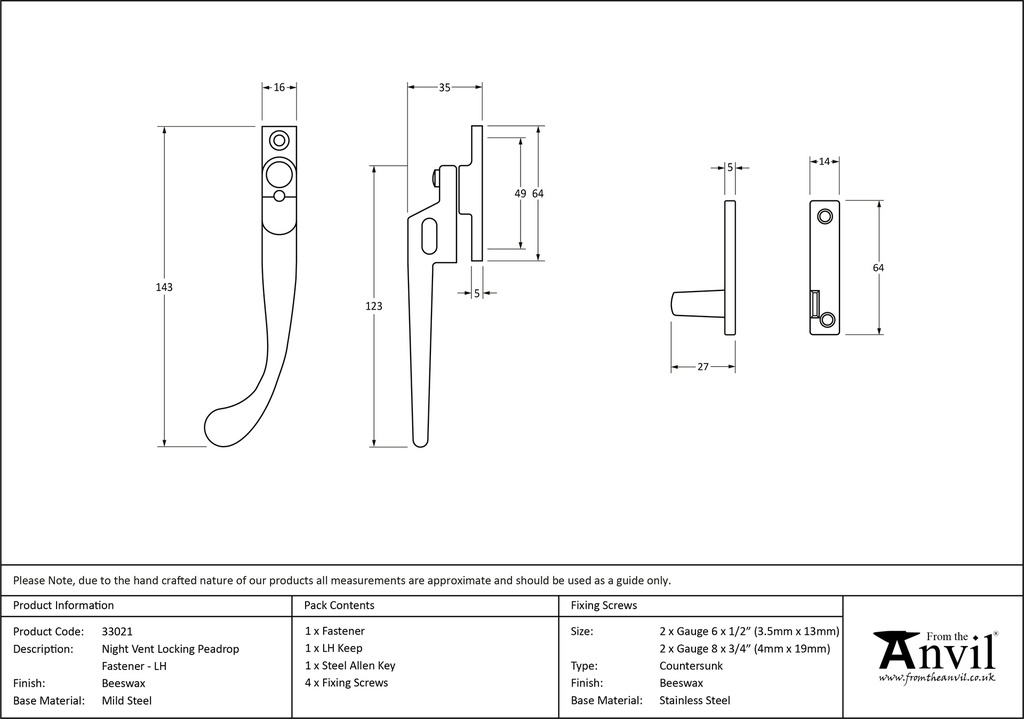 Beeswax Night-Vent Locking Peardrop Fastener - LH - 33021 - Technical Drawing