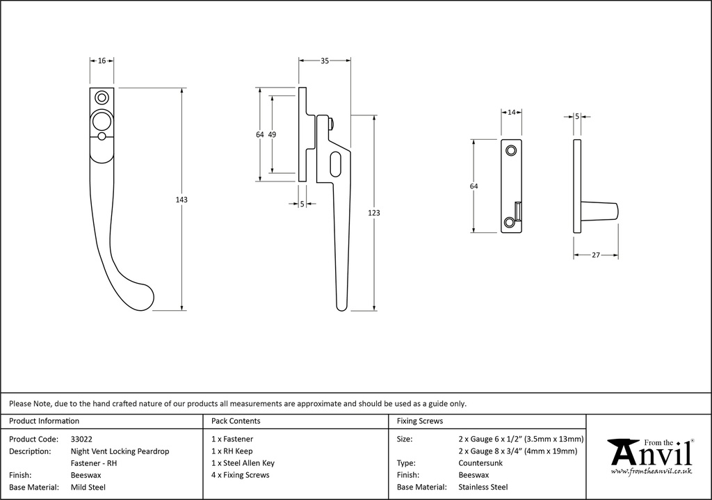 Beeswax Night-Vent Locking Peardrop Fastener - RH - 33022 - Technical Drawing