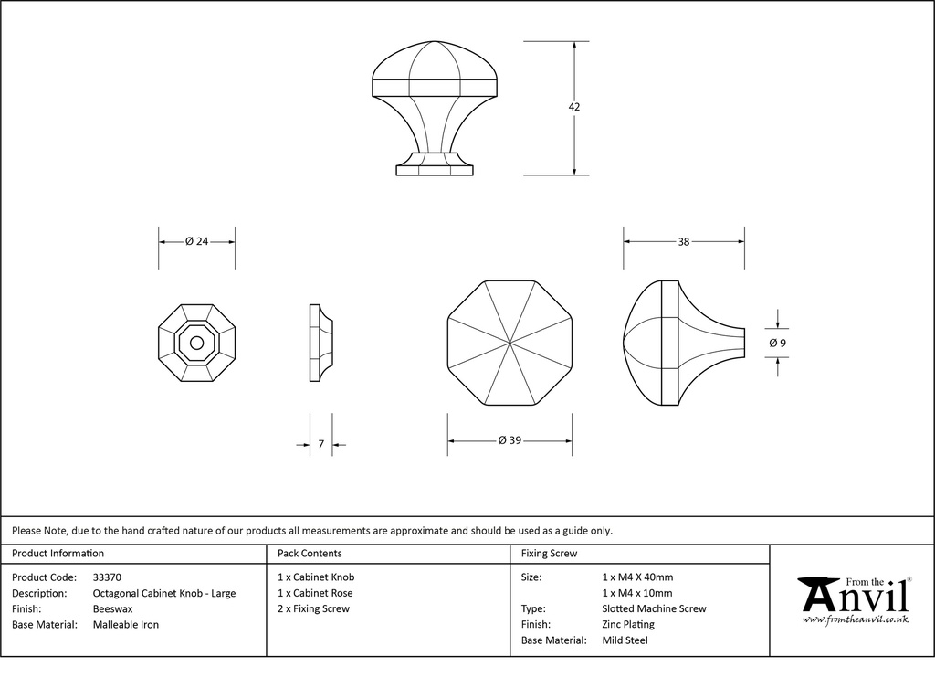 Beeswax Octagonal Cabinet Knob - Large - 33370 - Technical Drawing