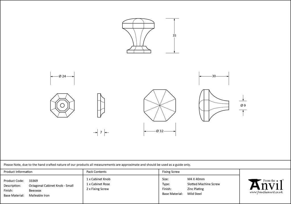 Beeswax Octagonal Cabinet Knob - Small - 33369 - Technical Drawing