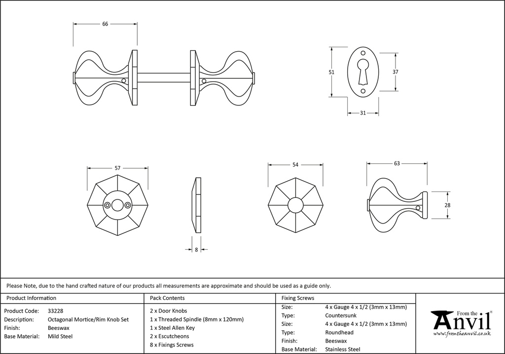 Beeswax Octagonal Mortice/Rim Knob Set - 33228 - Technical Drawing