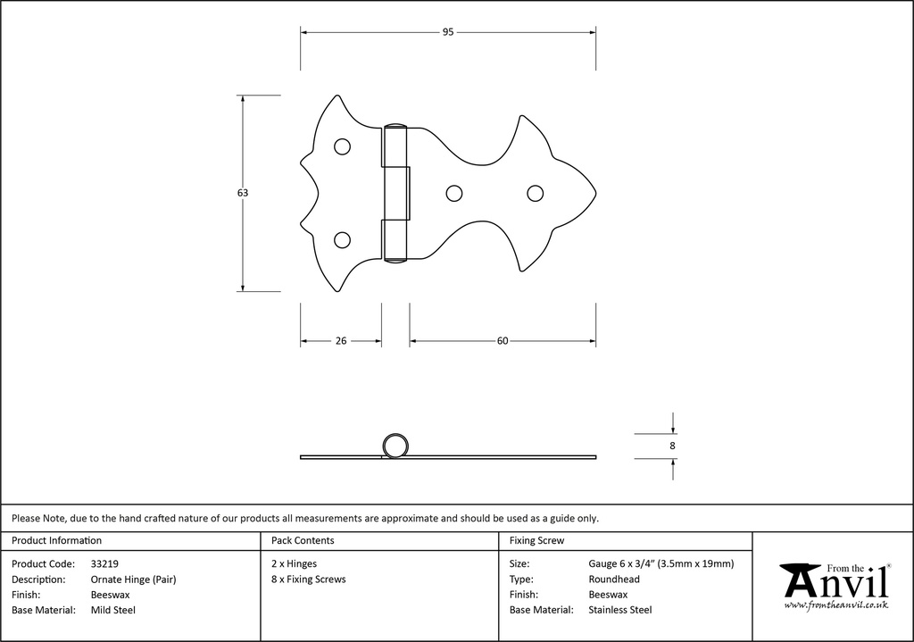 Beeswax Ornate Hinge (pair) - 33219 - Technical Drawing