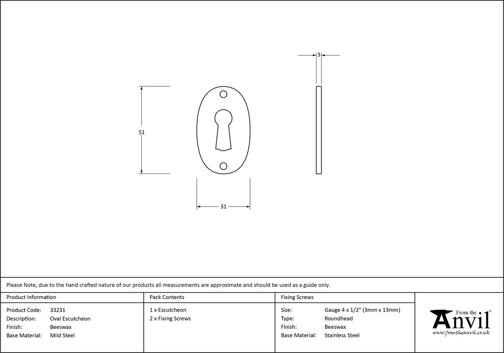 Beeswax Oval Escutcheon - 33231 - Technical Drawing