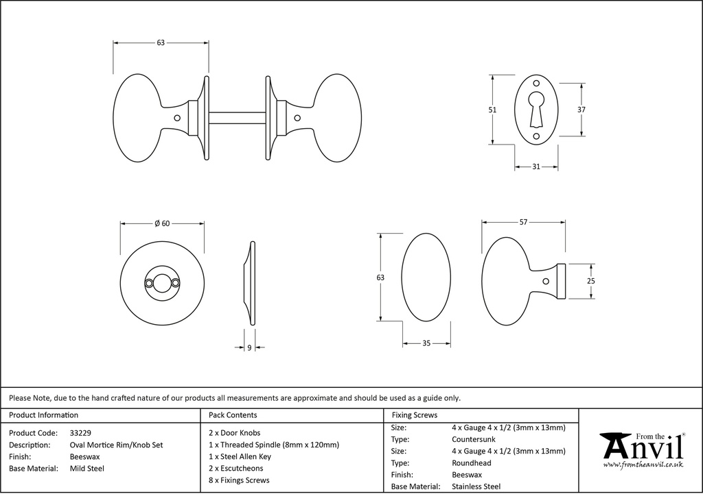 Beeswax Oval Mortice/Rim Knob Set - 33229 - Technical Drawing