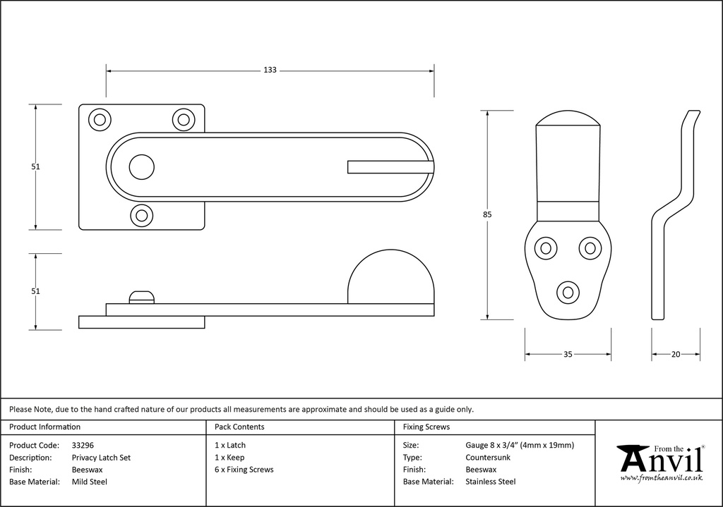 Beeswax Privacy Latch Set - 33296 - Technical Drawing