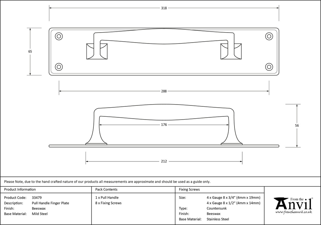 Beeswax Pull Handle on Backplate - 33479 - Technical Drawing
