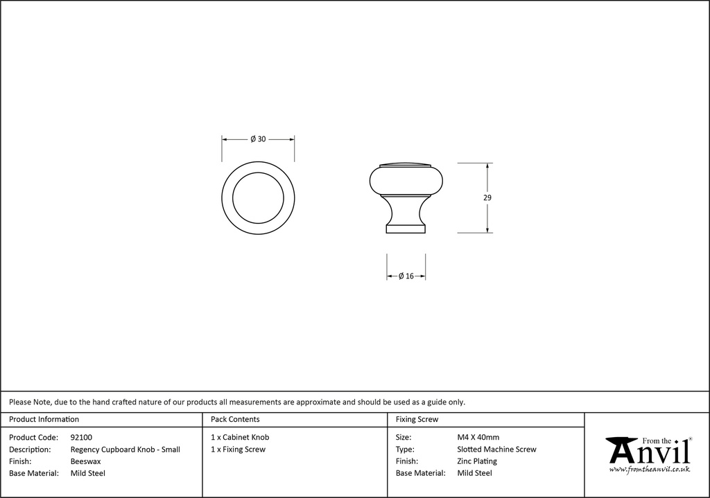 Beeswax Regency Cabinet Knob - Small - 92100 - Technical Drawing