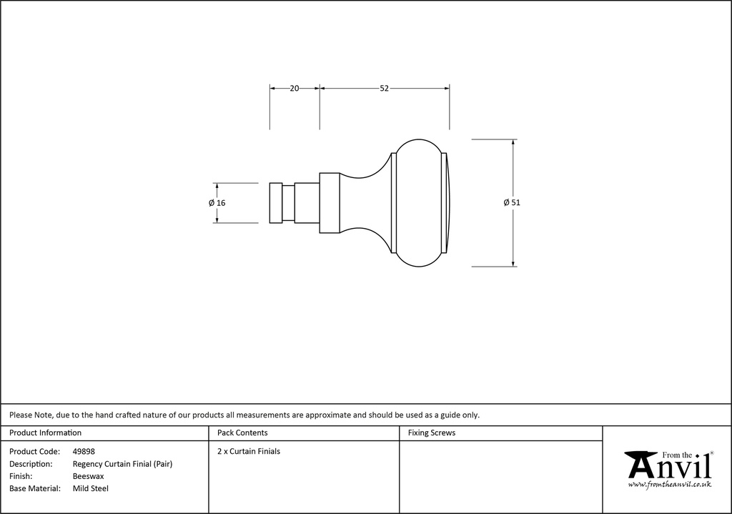 Beeswax Regency Curtain Finial (pair) - 49898 - Technical Drawing