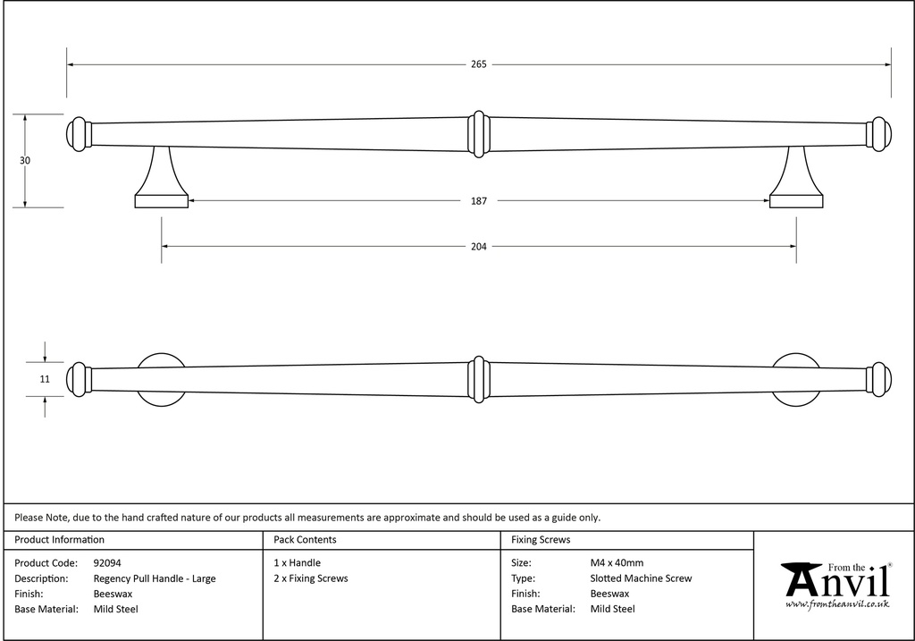 Beeswax Regency Pull Handle - Large - 92094 - Technical Drawing