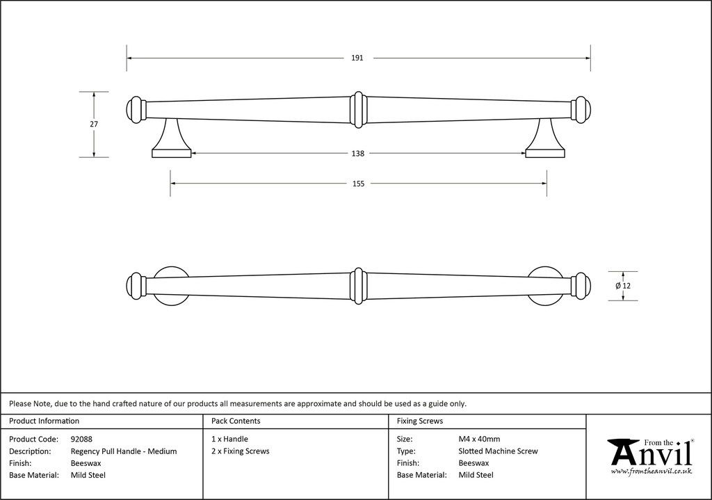 Beeswax Regency Pull Handle - Medium - 92088 - Technical Drawing