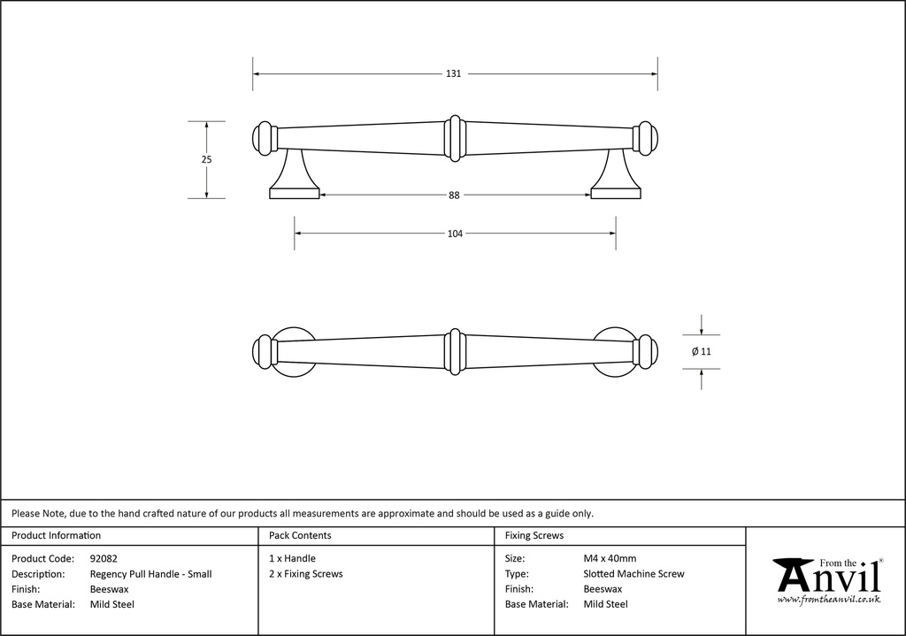 Beeswax Regency Pull Handle - Small - 92082 - Technical Drawing