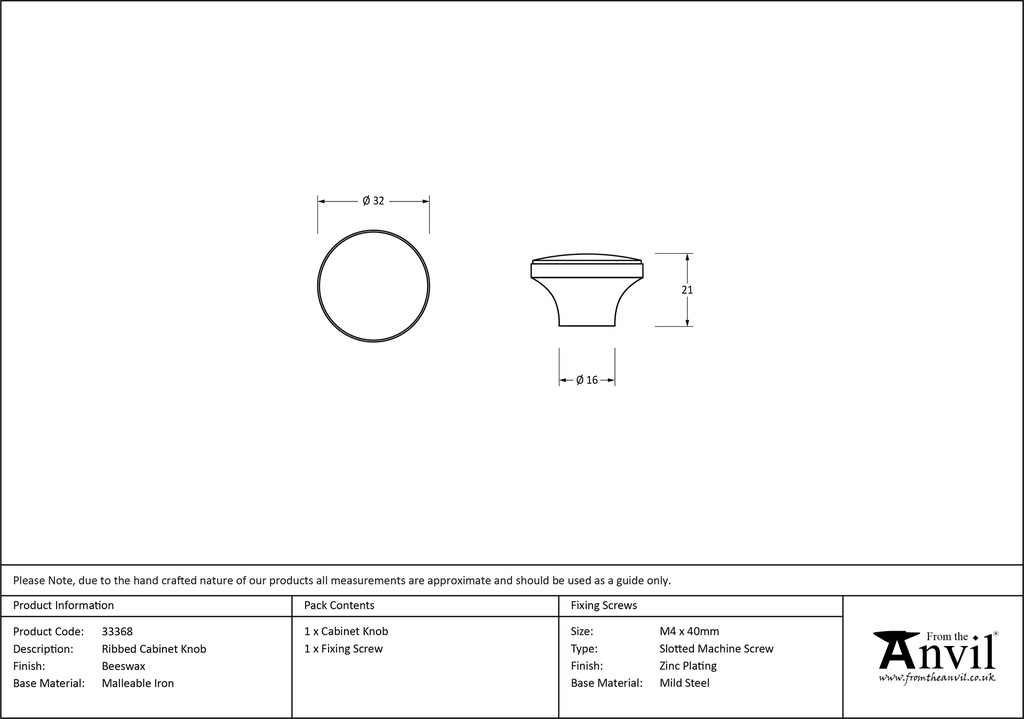 Beeswax Ribbed Cabinet Knob - 33368 - Technical Drawing