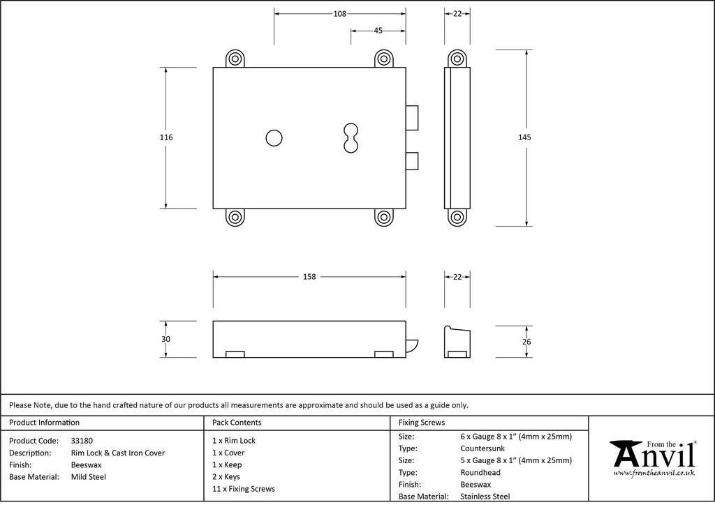 Beeswax Rim Lock &amp; Cast Iron Cover - 33180 - Technical Drawing