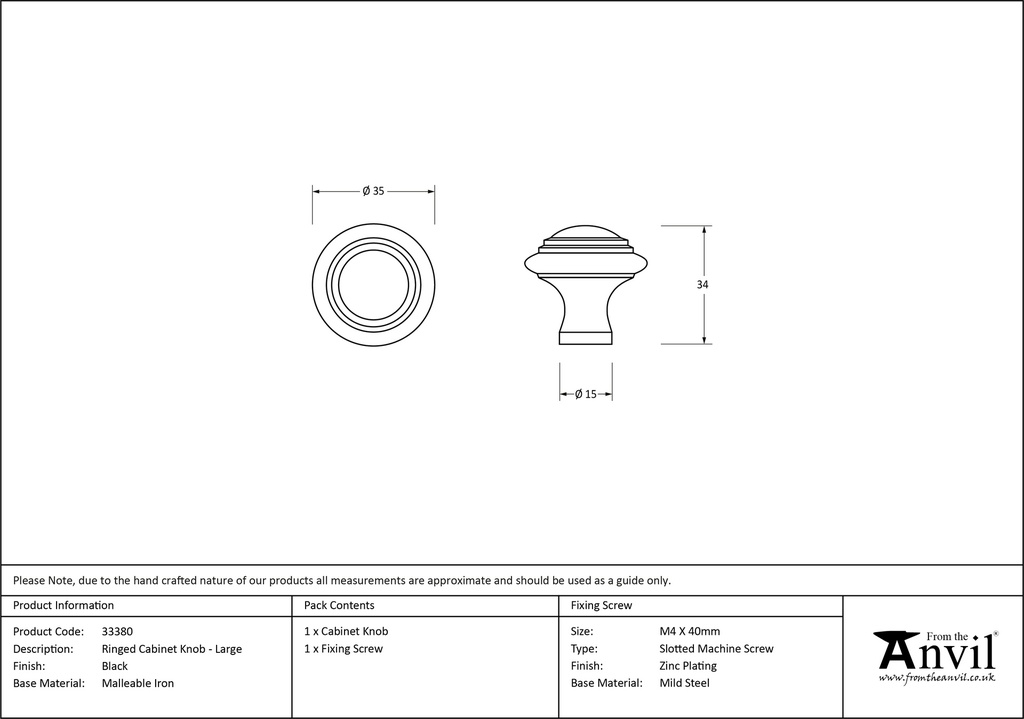 Beeswax Ringed Cabinet Knob - Large - 33380 - Technical Drawing