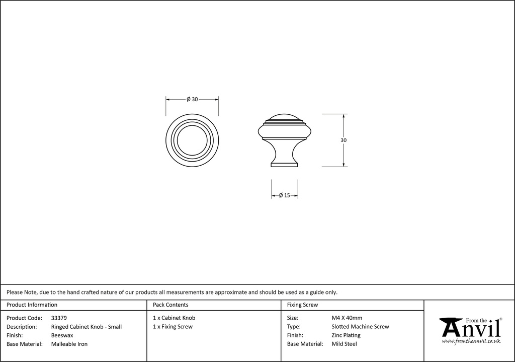 Beeswax Ringed Cabinet Knob - Small - 33379 - Technical Drawing