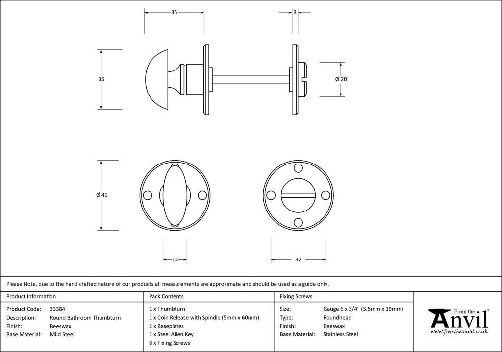 Beeswax Round Bathroom Thumbturn - 33384 - Technical Drawing