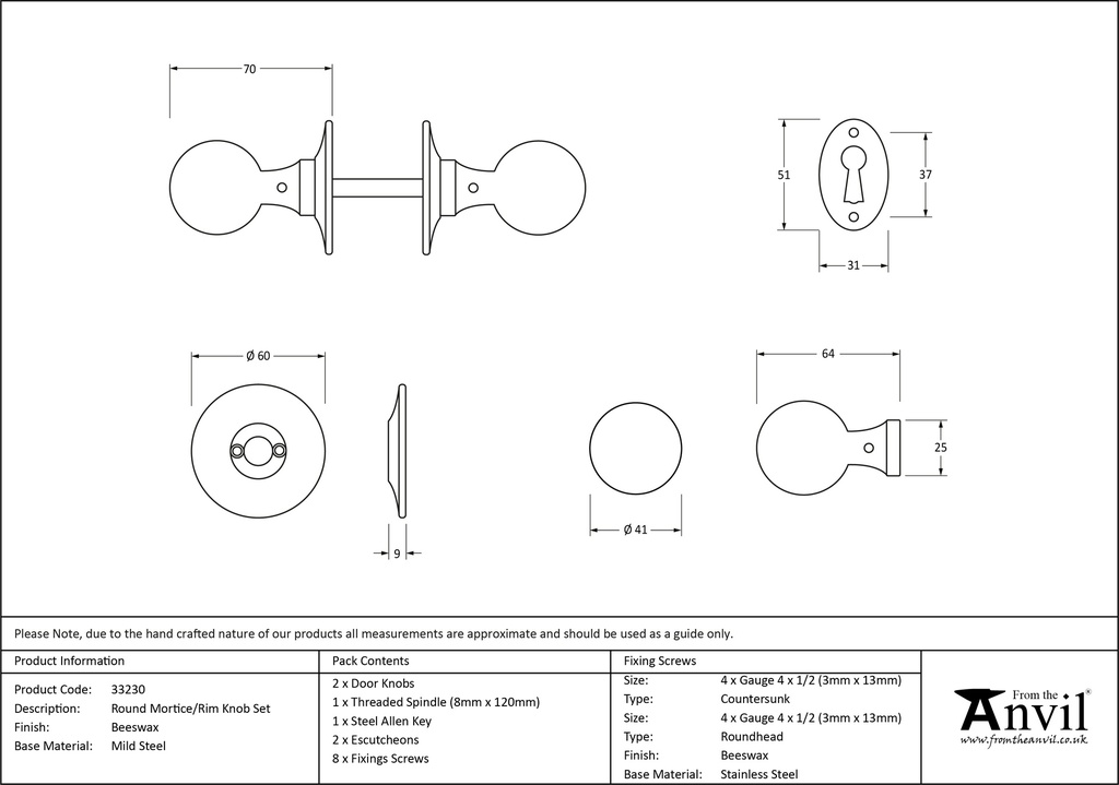 Beeswax Round Mortice/Rim Knob Set - 33230 - Technical Drawing