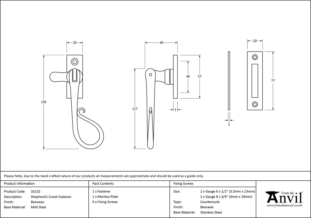 Beeswax Shepherd's Crook Fastener - 33132 - Technical Drawing