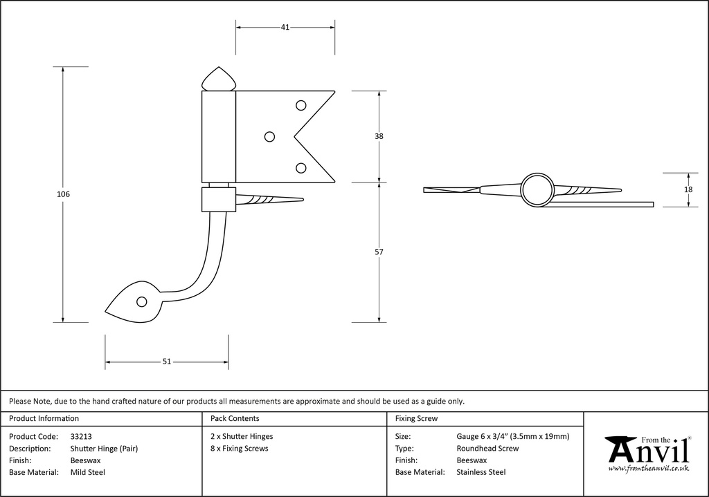 Beeswax Shutter Hinge (pair) - 33213 - Technical Drawing