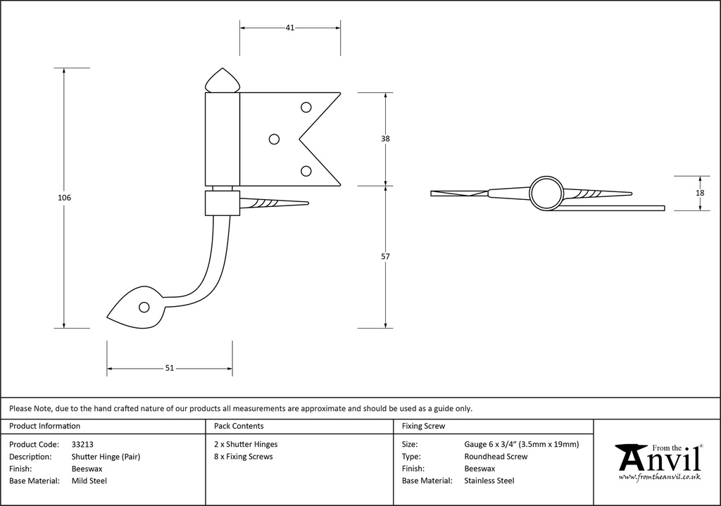 Beeswax Shutter Hinge (pair) - 33213 - Technical Drawing