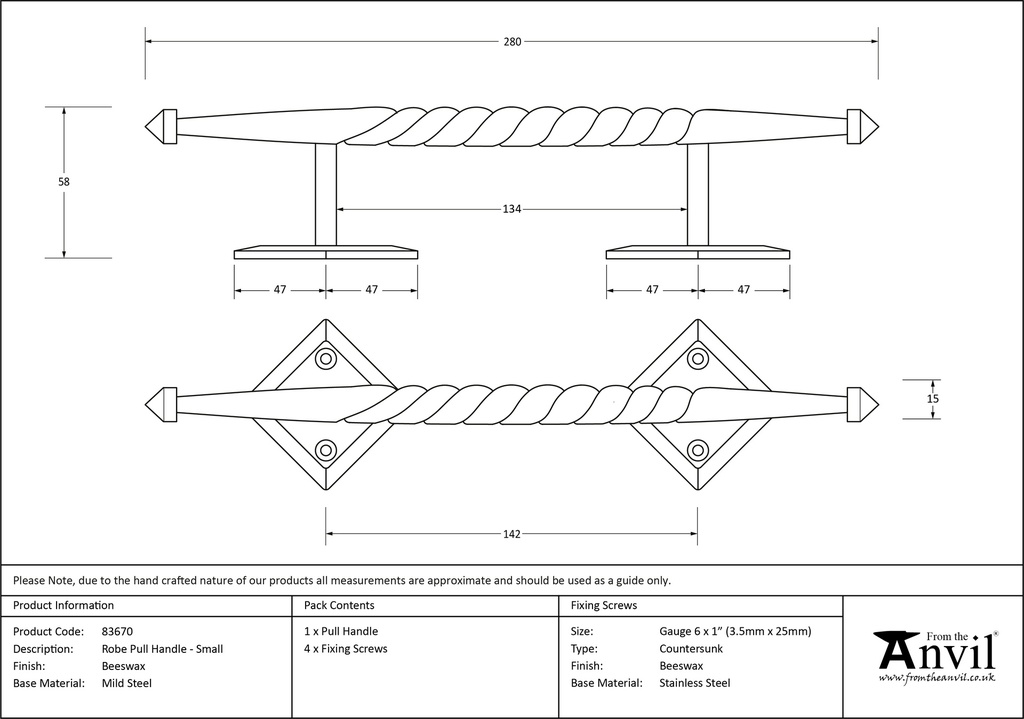 Beeswax Small Robe Pull Handle - 83670 - Technical Drawing