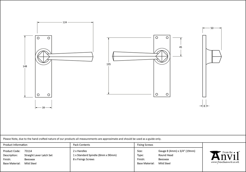 Beeswax Straight Lever Latch Set - 73114 - Technical Drawing