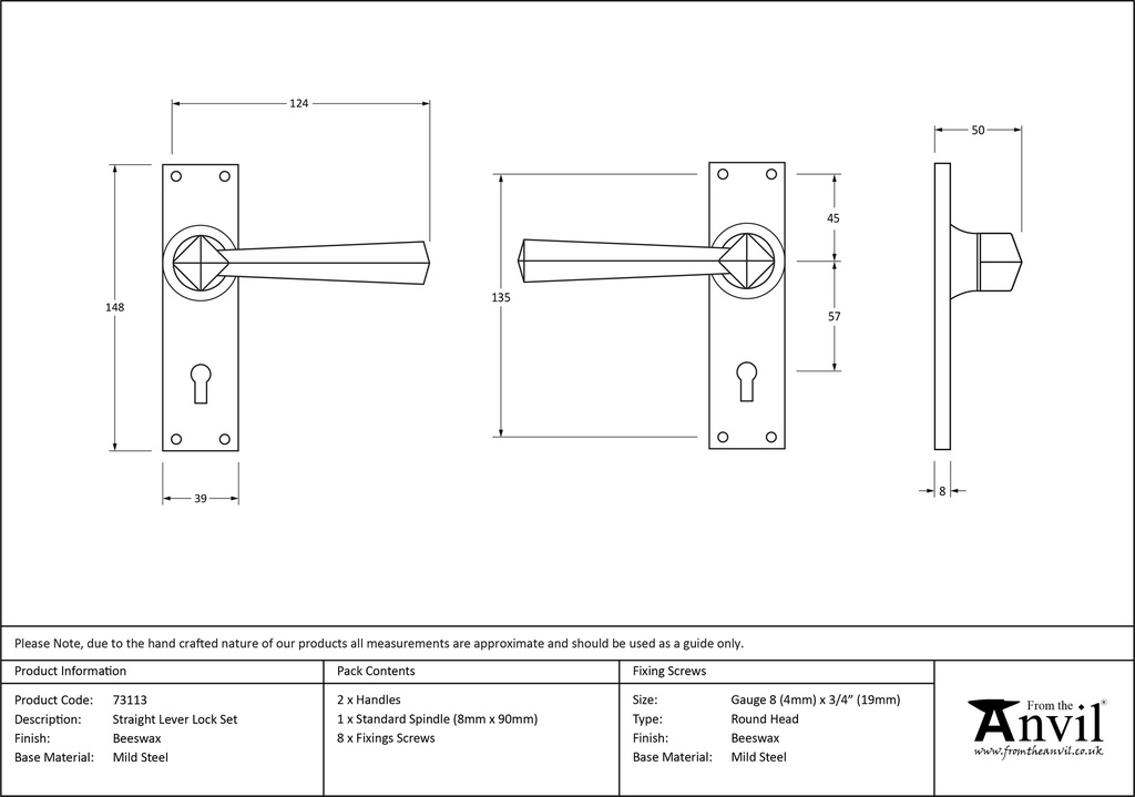 Beeswax Straight Lever Lock Set - 73113 - Technical Drawing