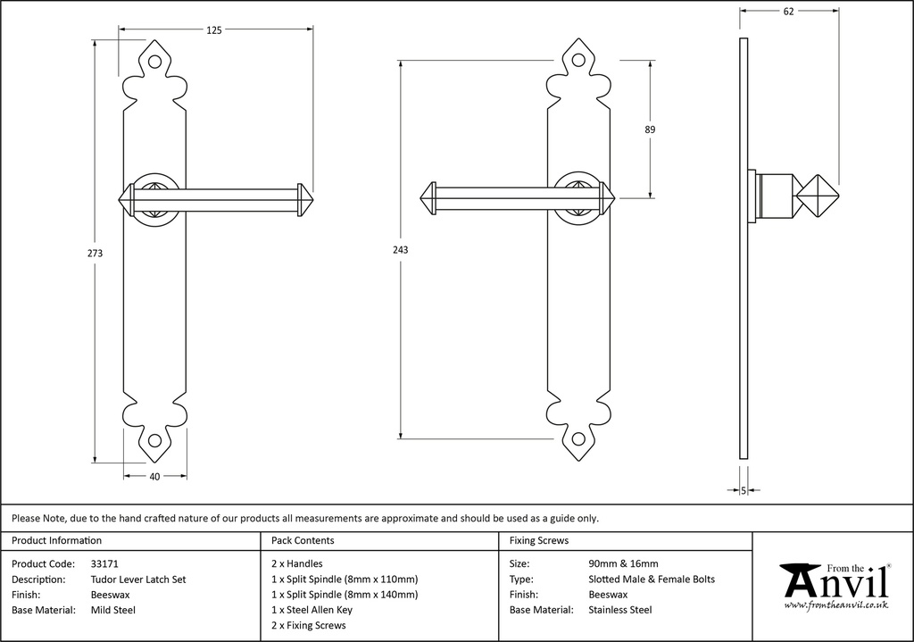 Beeswax Tudor Lever Latch Set - 33171 - Technical Drawing